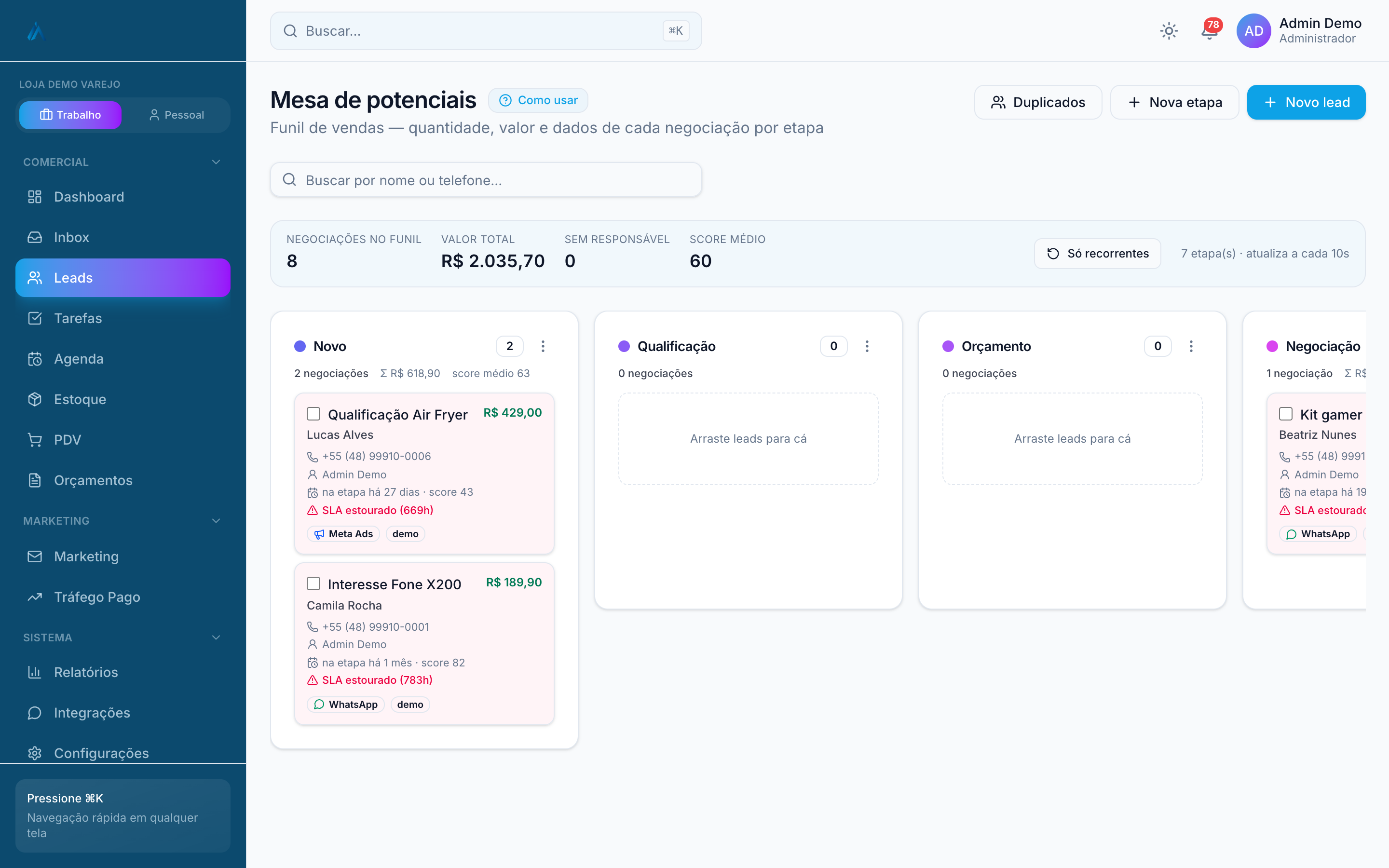 Funil Kanban da loja
