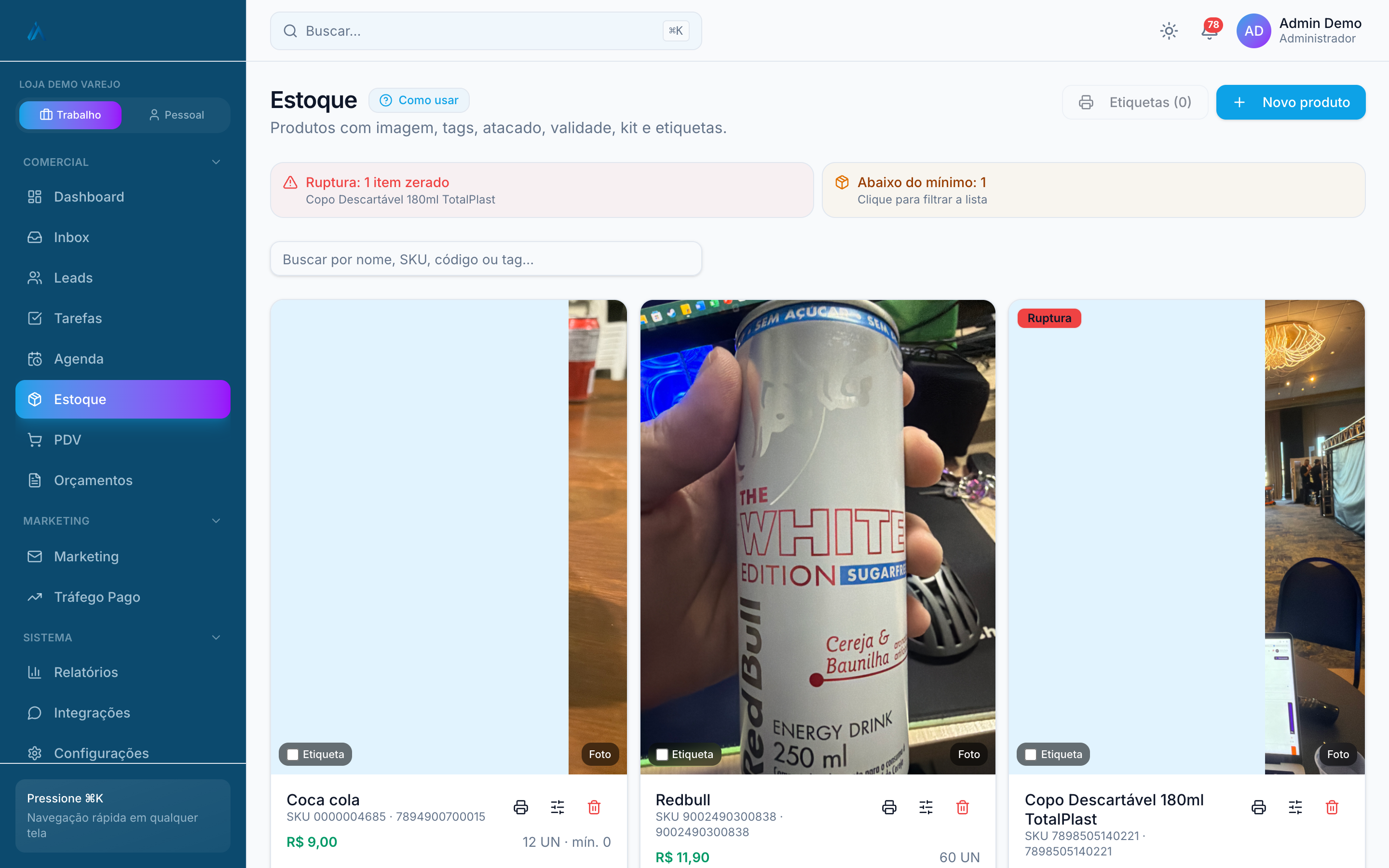 Tela de estoque com produtos reais